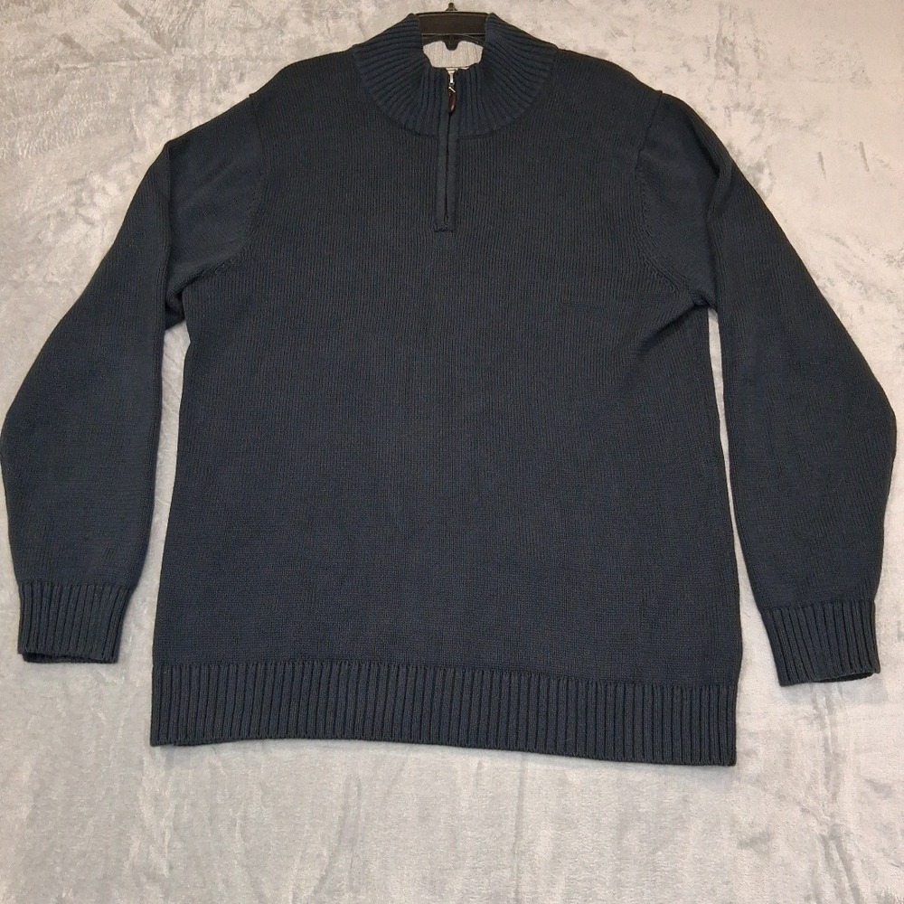 LL BEAN Mens L T Quarter Zip Navy Blue Cotton Knit Pullover‎ Fishermans Sweater